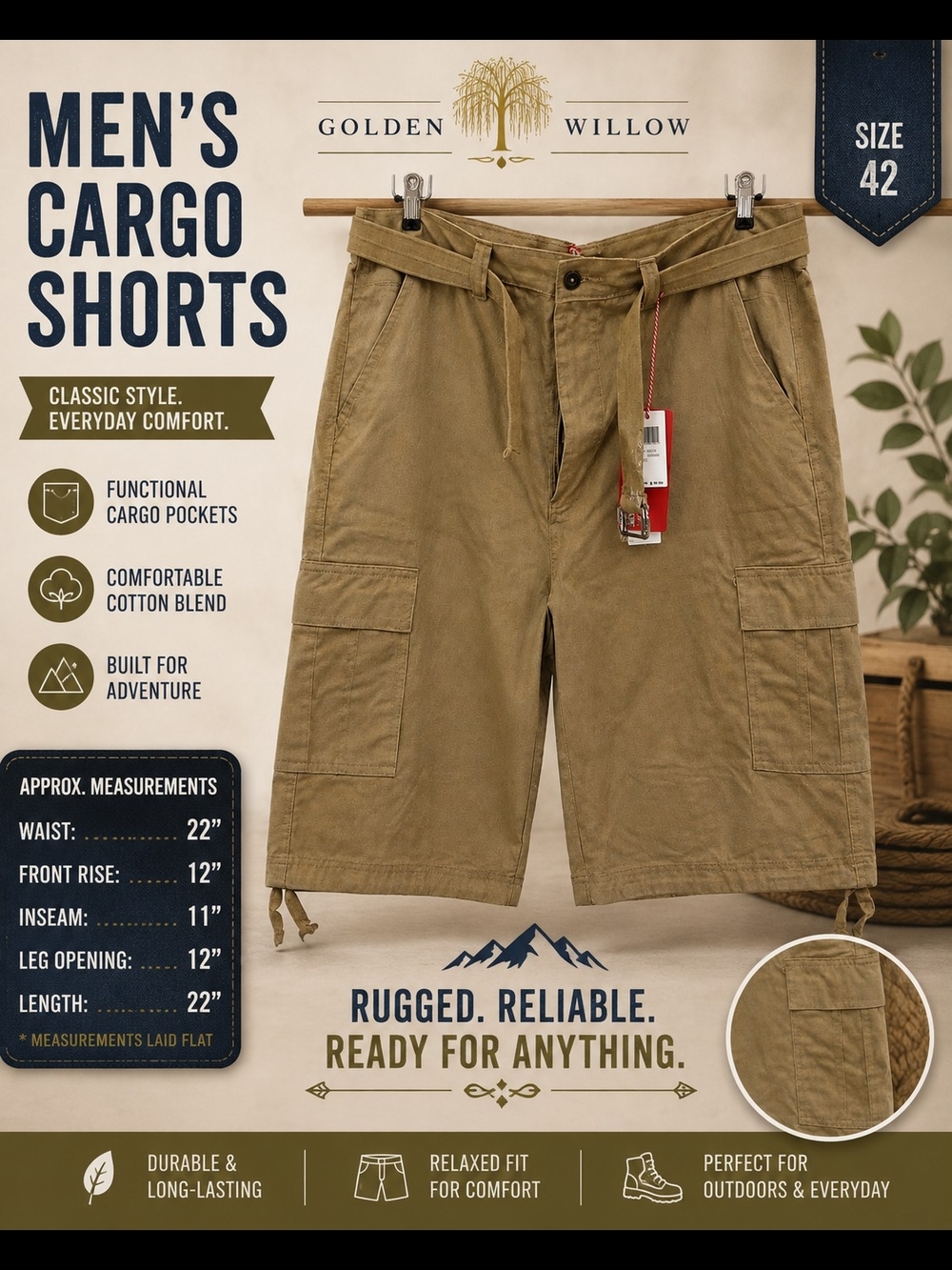 Men's Cargo Shorts in Tan — Relaxed Fit Utility Waist Size 42